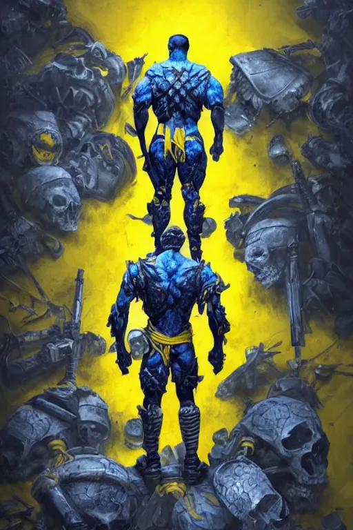 Prompt: a distant shot from behind of a Ukrainian super soldier with blue and yellow flag behind him standing alone on a huge pile of skulls as a winner, masculine muscular figure, D&D, fantasy, intricate, elegant, highly detailed, extremely detailed, digital painting, artstation, concept art, matte, sharp focus, symmetrical, hyperrealistic, illustration, art by Artgerm and Greg Rutkowski and Alphonse Mucha
