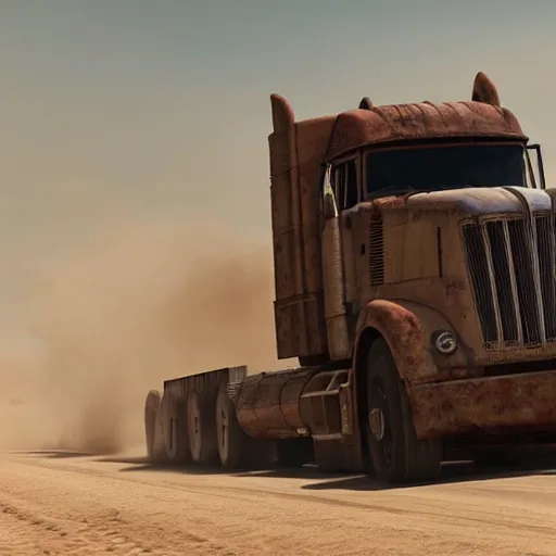 Image similar to t 6 6 0 tractor trailer truck in mad max : fury road, midday light, dust storm,