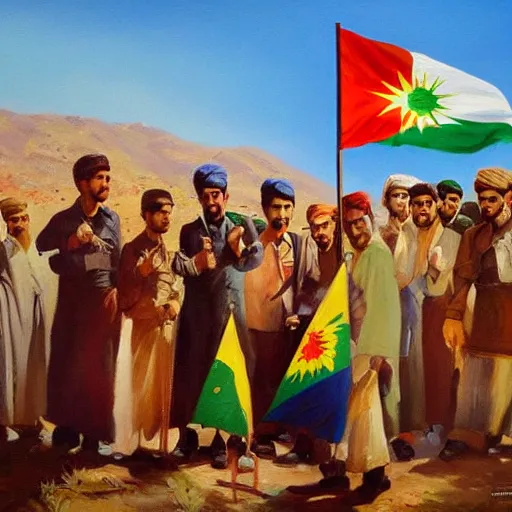 Image similar to a painting of a group of kurdish people establishingthe republic of mahabad! standing in front of a kurdish flag, an oil painting by ilya ostroukhov, featured on deviantart, socialist realism, ilya kuvshinov, movie still, oil on canvas