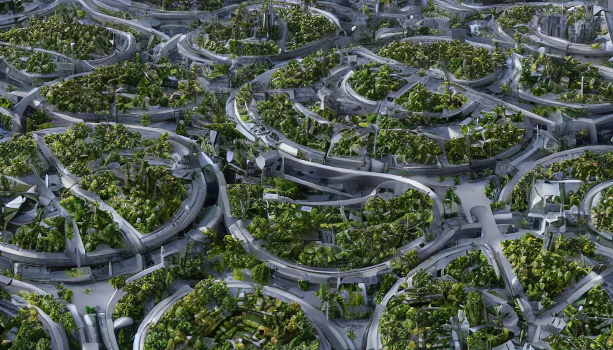 Image similar to futuristic ecological city with huge roundabouts, trees, crowded city, highways, hyperdetailed, artstation, cgsociety, 8 k