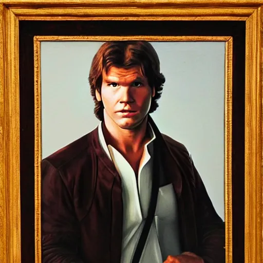 Prompt: a portrait painting of han solo from star wars in a renaissance style hanging in the louvre