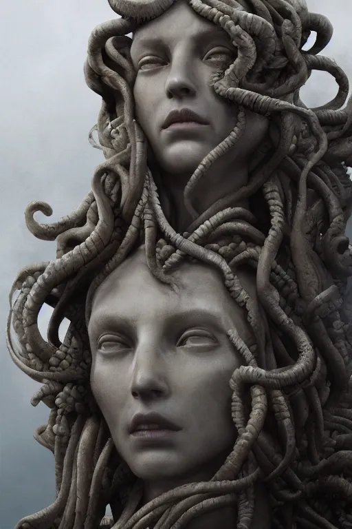 Image similar to A portrait of medusa as a stone statue by Greg Rutkowski, Sung Choi, Mitchell Mohrhauser, Maciej Kuciara, Johnson Ting, Maxim Verehin, Peter Konig, Bloodborne , 8k photorealistic, cinematic lighting, HD, high details, dramatic, atmospheric , trending on artstation