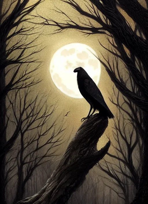 Image similar to side portrait dark crow on tree in front of the full big moon, fine art, awesome fantasy book cover on Pinterest, award winning, fantasy forest landscape, fantasy magic, dark golden light night, intricate, elegant, sharp focus, illustration, highly detailed, digital painting, concept art, matte, art by WLOP and Artgerm and Greg Rutkowski, masterpiece, trending on artstation