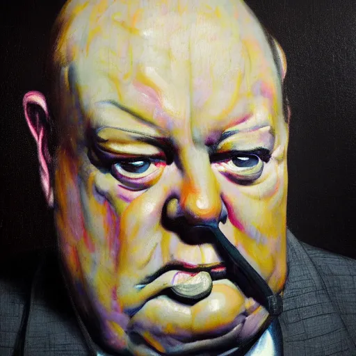 Prompt: mysterious portrait of winston churchill emerging from the dark void eating burger, face partially melting like glitching out LSD effect, figure in the darkness of renaissance, serving big macs, Francisco Goya, painted by John Singer Sargant, Adrian Ghenie, style of Francis Bacon, highly detailed, 8k, trending on artstation