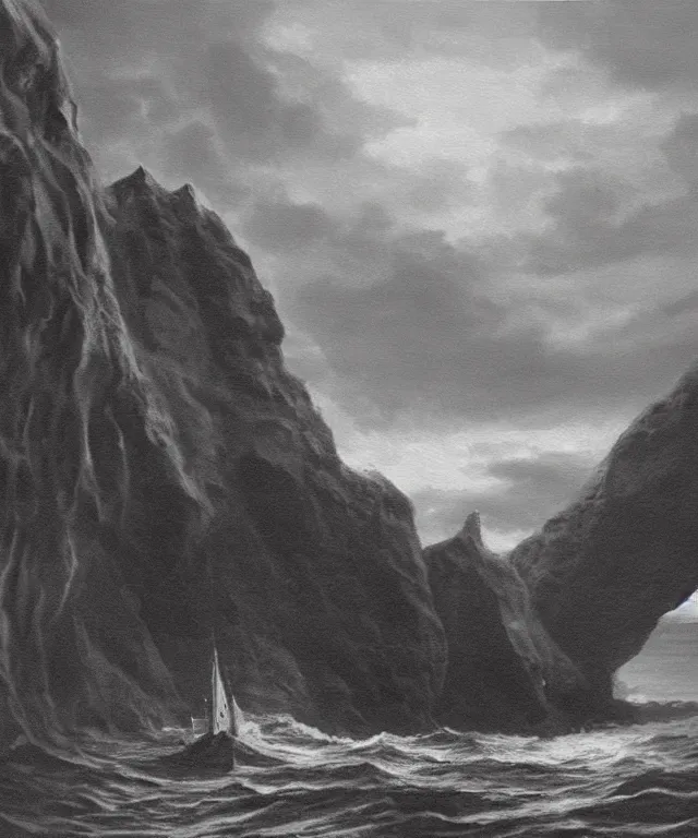 Prompt: photorealistic painting of a 1 9 2 5 seiner sailing near a short tropical cliff with the mouth of a sea cave at the waterline, dark, brooding, atmospheric, lovecraft, horror, smooth, epic, highly detailed, cinematic, by lee gibbons