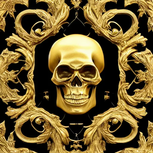 Image similar to 3d golden and black skull engraved with baroque ornaments. trending on artstation. octane render. dark art. gothic art. symmetrical artwork