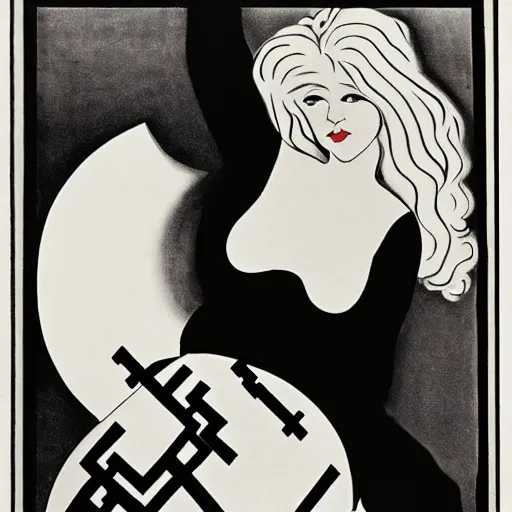 Image similar to beautiful blonde woman in german expressionism film playing large moog!!! synthesizer under stars, style of aubrey beardsley