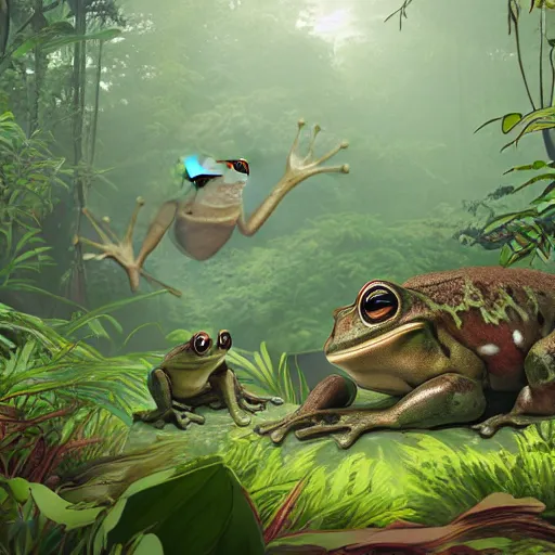 Image similar to Camp with wild humanoid frogs in the middle of the jungle, 8k, detailed, concept art, trending on artstation