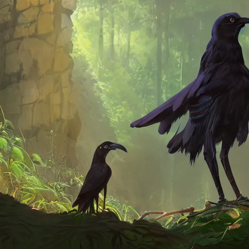 Image similar to concept art painting of an anthropomorphic crow person with steampunk clothes, in the deep forest, realistic, detailed, cel shaded, in the style of makoto shinkai and greg rutkowski and james gurney