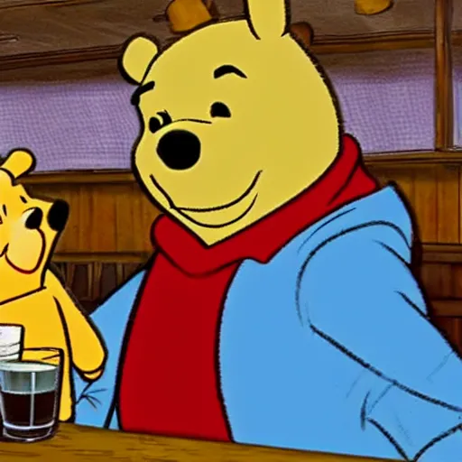 Image similar to winnie the pooh and a blonde woman enjoying a pint in a rural pub. gordon freeman is in the background looking disappointed.