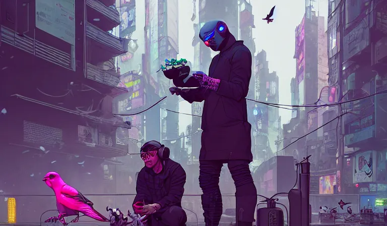 Prompt: cyborg feeding electric pigeons at a dirty crowded streetcorner, cyberpunk, by Josan Gonzalez and Tomer Hanuka and Moebius and Brad Rigney and Greg Rutkowski, highly detailed, UHD, 8K, Ghost in the shell, Shadowrun, Blade Runner, Trending on artstation, bokh, dof