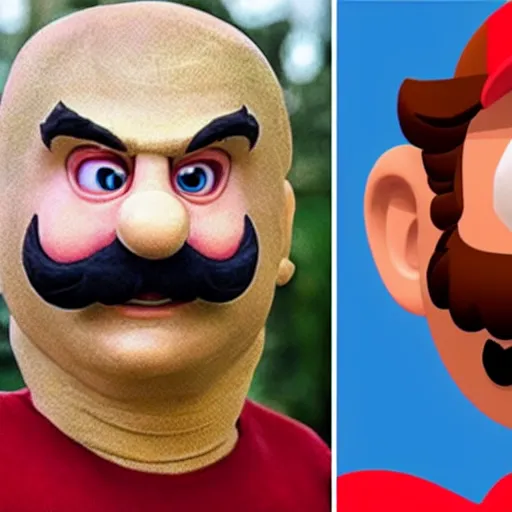 Prompt: mario real world facial reconstruction played by actor not cgi