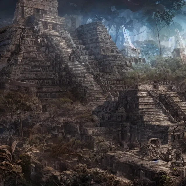 Image similar to transcription of the mayans, hyper detailed, digital art, trending in artstation, cinematic lighting, studio quality, smooth render, unreal engine 5 rendered, octane rendered, 8 k