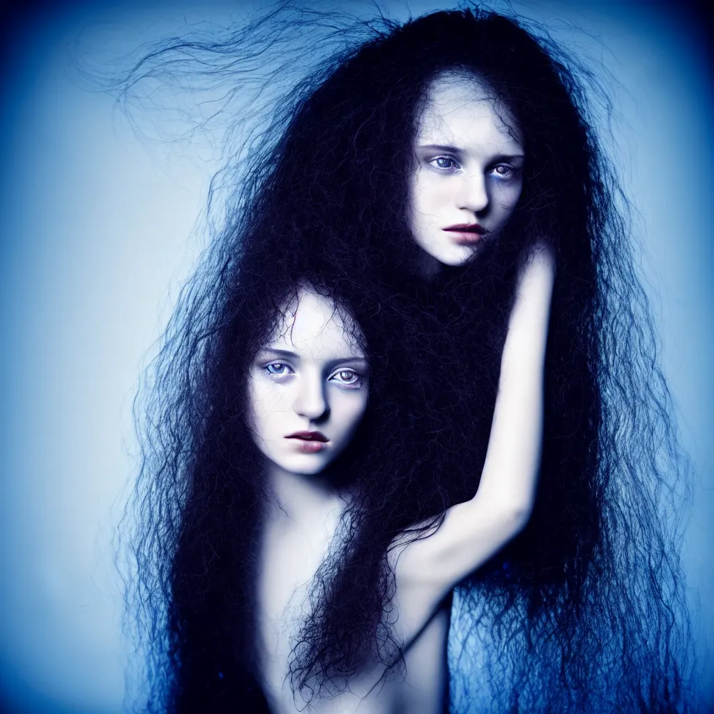 Image similar to High detatiled close-up of a young woman with long dark curly hair dressed in long white, fine art photography light painting by Paolo Roversi, professional studio lighting, dark blue background, hyper realistic photography, fashion magazine style