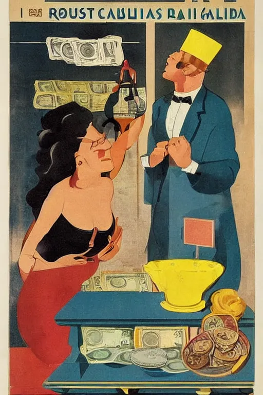 Image similar to a weighing machine with a businesswoman on the left plate and cash on the right plate. Italian Futurist poster art