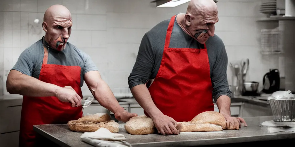 Prompt: jason voorhees in the kitchen, wearing an apron, baking a loaf of bread, ultrafine detail, mid day lighting