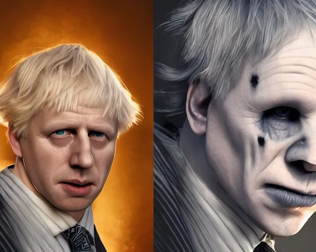 Image similar to boris johnson vs voldemort, character art, by various concept artists, redshift render, hyperrealistic face, photorealistic render