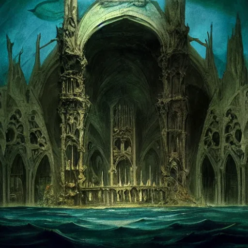 Image similar to an underwater gothic cathedral at the bottom of the ocean populated by mermaids, in the style of arnold bocklin francisco goya william blake and kentaro miura, dark and scary abyssal ambient, utradetailed, matte painting, smooth zenithal lighting, epic masterpiece,