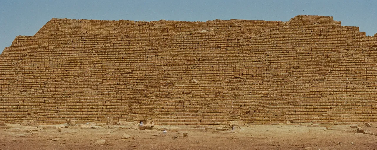 Image similar to an ancient mesopotamian ziggurat built with spaghetti, architectural, minimal, canon 5 0 mm, wes anderson film, kodachrome