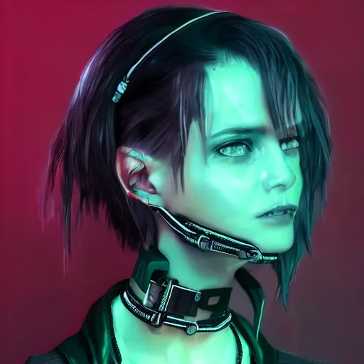 Image similar to detailed realistic cyberpunk female character cyberpunk wearing steel collar around neck, realistic, art, beautiful, 4K, collar, choker, collar around neck, punk, artstation, detailed, female, woman, choker, cyberpunk, neon, punk, collar, choker, collar around neck, thick collar, choker around neck, wearing choker, wearing collar, bright neon punk hair,