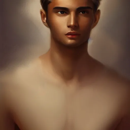 Prompt: ethereal aesthetic painting of a beautiful man with tan skin and short dark hair, clean shaven, angelic, 4k, trending on artstation