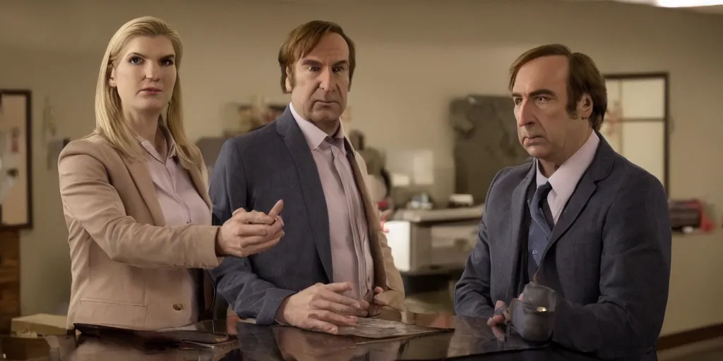 Prompt: saul goodman and kim wexler in severance setting