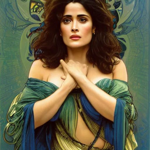 Image similar to salma hayek medium shot portrait by alphonse mucha, perfect proportions, beautiful face, perfect eyes, real life colors, elegant, sharp focus, hyper - realistic, 4 k, highly detailed, hd, dramatic lighting by brom