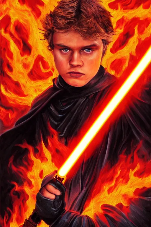 Prompt: anakin skywalker emerging from a ocean of flames. he is wearing darth vader's suit. he has a lightsaber in his right hands and clenches the left hand as a fist. detailed portrait. photorealistic. digital oil painting. visible brushstrokes