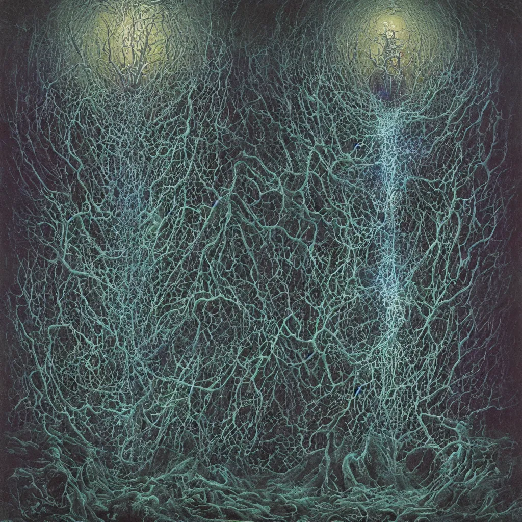 Image similar to the cosmic fractal core that underlies the universe illuminated by the screaming souls of the dead, by Gerald Brom and Zdzisław Beksiński