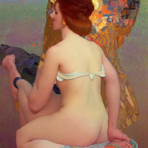 Image similar to modern woman | hyperrealistic | digital painting | trending on artstation | pinup portrait | clean | illustration | dressed | Unreal Engine 5 | 8k resolution | by Greg Rutkowski Alphonse Mucha Gustav Klimt and Mel Ramos