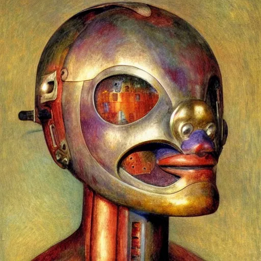 Prompt: the robot in her mechanical mask, by Annie Swynnerton and Diego Rivera, in profile, symbolist, dramatic lighting, elaborate geometric ornament, Art Brut ,god rays, soft cool colors,smooth, sharp focus, extremely detailed, Adolf Wölfli