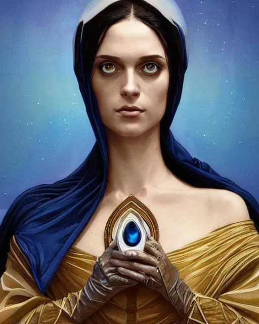 Image similar to portrait of saint alia atreides of the knife, fully royal blue eye sockets eye, dune, science fiction, frank herbert, intricate, elegant, highly detailed, digital painting, artstation, concept art, sharp focus, illustration, art by artgerm and greg rutkowski and alphonse mucha