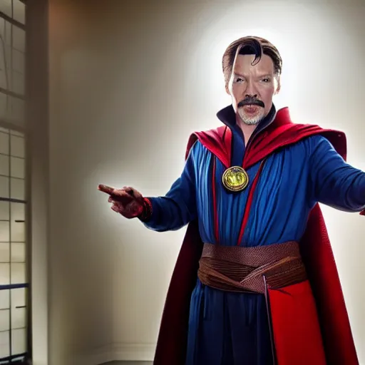 Image similar to angela merkel as dr. strange. movie still shot. detailed face. photo 8 k