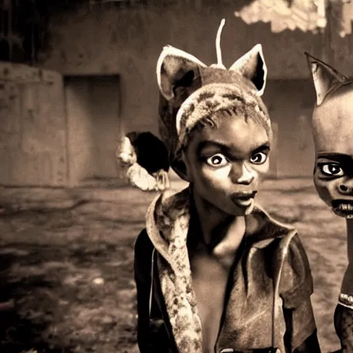 Image similar to a small african boy and a girl in a fox costume, movie still from'tank girl ', afrofuturism, by jamie hewlett and sawoozer and roger ballen,