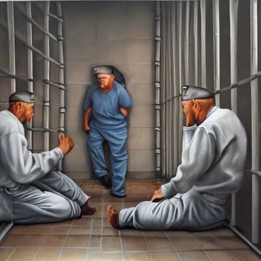 Image similar to hyperrealism painting of prisoners scheming to escape prison