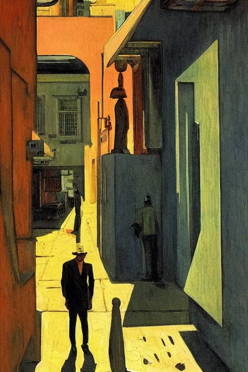 Image similar to eerie tel aviv street mystery at dusk, colorful film noir scene. by moebius, giorgio de chirico, edward hopper