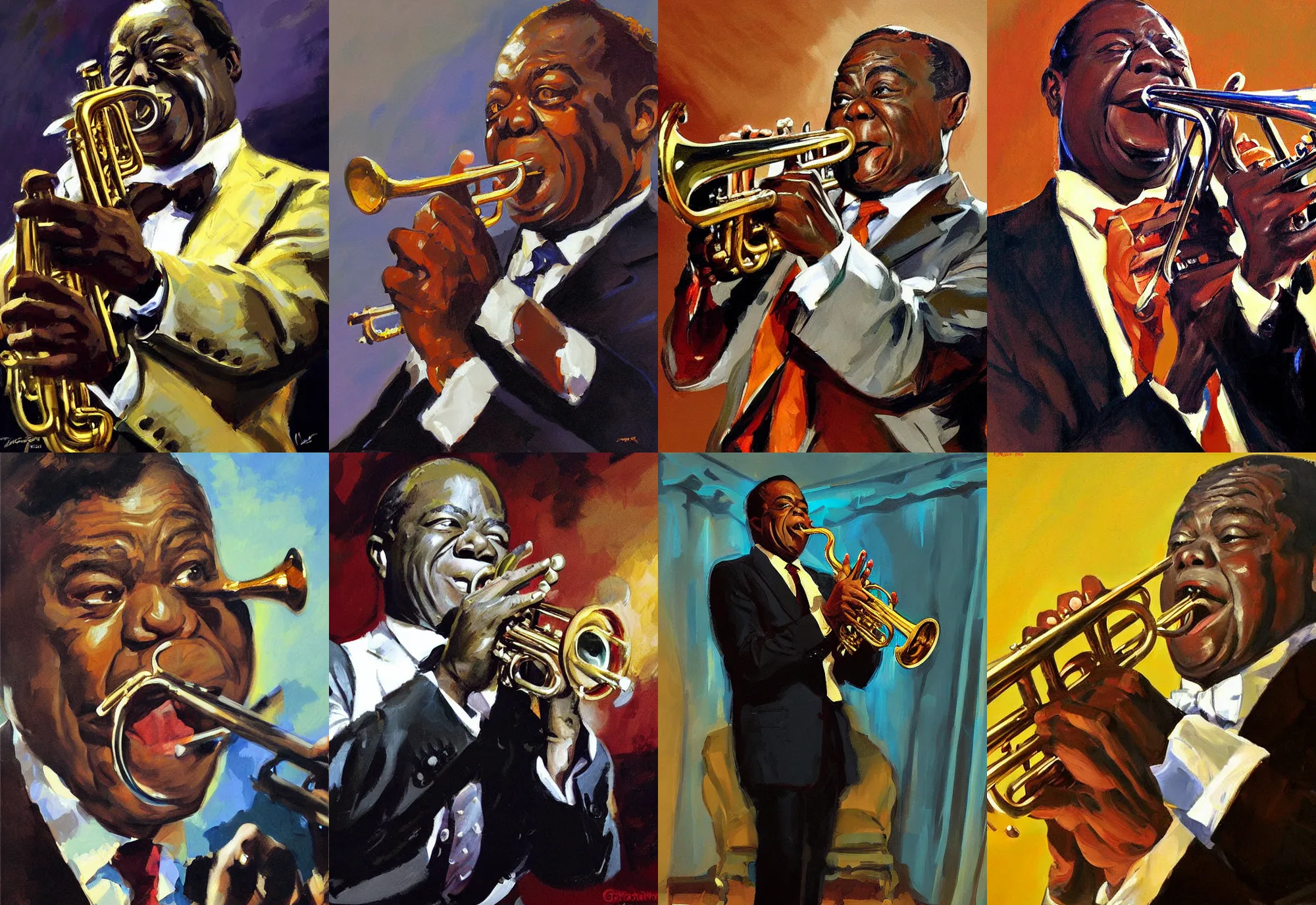 Prompt: a portrait of louis armstrong singing, no trumpet, by greg manchess, dramatic lighting, highly detailed digital painting