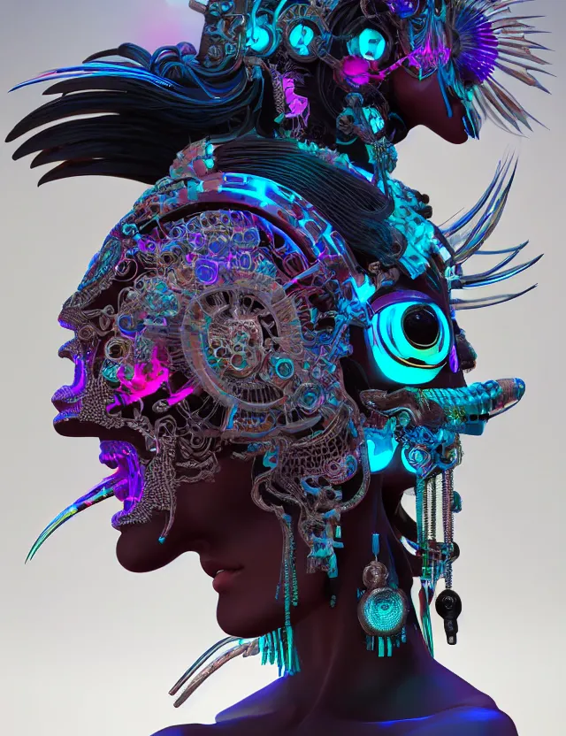 Image similar to 3 d goddess close - up profile portrait cyberpunk with ram skull. beautiful intricately detailed japanese crow kitsune mask and clasical japanese kimono. betta fish, jellyfish phoenix, bio luminescent, plasma, ice, water, wind, creature, artwork by tooth wu and wlop and beeple and greg rutkowski