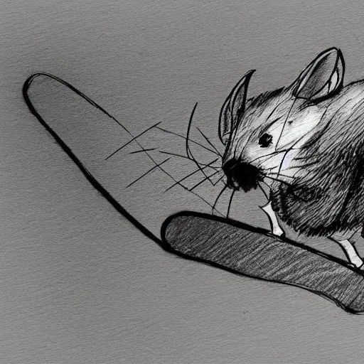 Prompt: sketch drawing of a rat in tokyo riding a skateboard