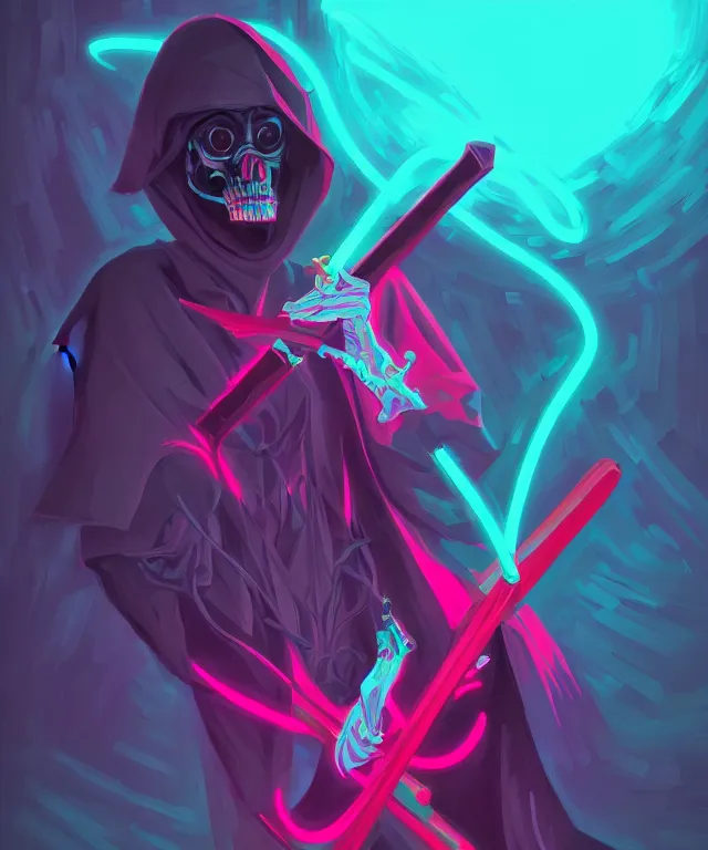 Image similar to a portrait of a neon grim reaper holding a scythe, fantasy, elegant, digital painting, artstation, concept art, matte, sharp focus, illustration, art by josan gonzalez