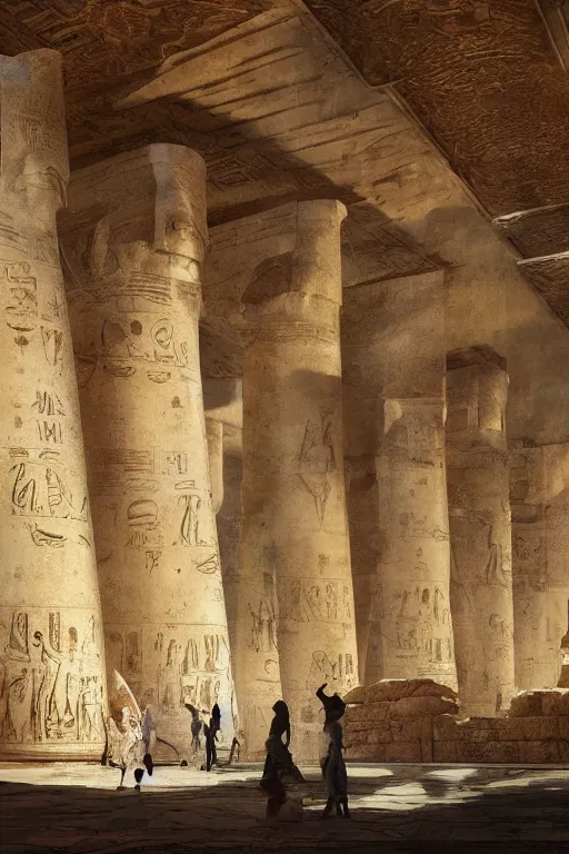 Image similar to looking up at ancient egyptian ruins interior, waterfall, huge statues, intricate, elegant, vivid colors, highly detailed, john park, craig mullins, sparth, ruan jia, jeffrey catherine jones