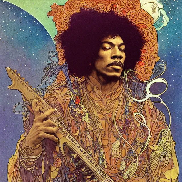 Prompt: artwork by Franklin Booth and Edmund Dulac showing a portrait of Jimi Hendrix as a futuristic space shaman, Alphonse Mucha background, futuristic electric guitar, star map, smoke, platonic solids