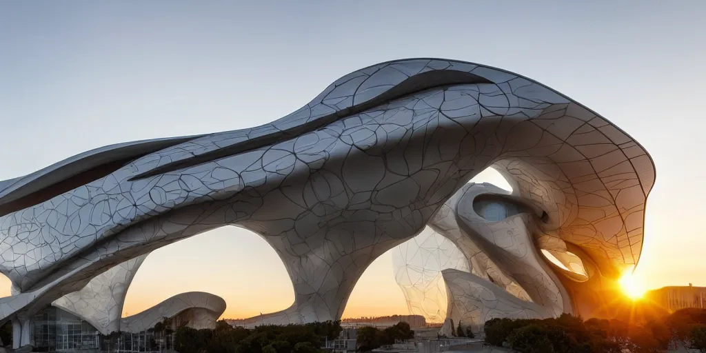 Image similar to extremely detailed ornate stunning sophisticated beautiful elegant futuristic museum exterior by Zaha Hadid, stunning volumetric light, sunset, concrete ant translucent material, stunning skies, 8k dragonfly structural pattern