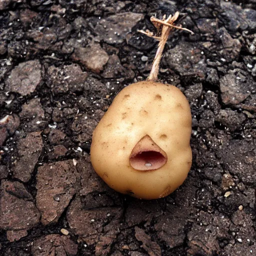 Prompt: a potato with a face, in the at style of little runmo.