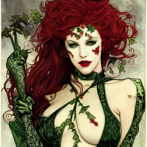 Image similar to a beautiful painting of poison ivy dressed as a teenage vampire, leather armored, dark eyeliner, intricate, elegant, highly detailed, digital painting, artstation, concept art, matte, sharp focus, illustration, art by rebecca guay and by arthur rackham and by alphonse mucha and by john william waterhouse