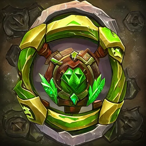 Image similar to green leaves shield weapon, tree roots on the shield weapon, shield made of leaves, epic fantasy style, hearthstone style, weapon art