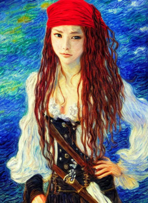 Image similar to a portrait of a female pirate, very anime in impressionist style, trending artwork, 4 k, anime painter studio, by claude monet