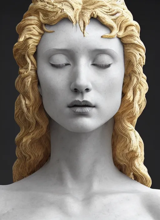 Image similar to a statue made of white marble with gold veins, of an beautiful gorgeous angel girl, full body shot, perfect symmetrical body, perfect symmetrical face, no eyes, hyper realistic, hyper detailed, fujicolor superia 1 6 0 0 photo, by johannen voss, by peter kemp, by monia merlo, by michelangelo octane render, blender, 8 k