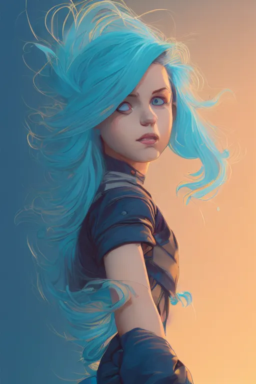 Image similar to portrait painting of a teenage girl with swept back wild blue hair, smirking, fashionable, windy, sharp focus, award - winning, cinematic pose, cinematic lighting, trending on artstation, masterpiece, highly detailed, intricate. art by josan gonzales and moebius and deathburger