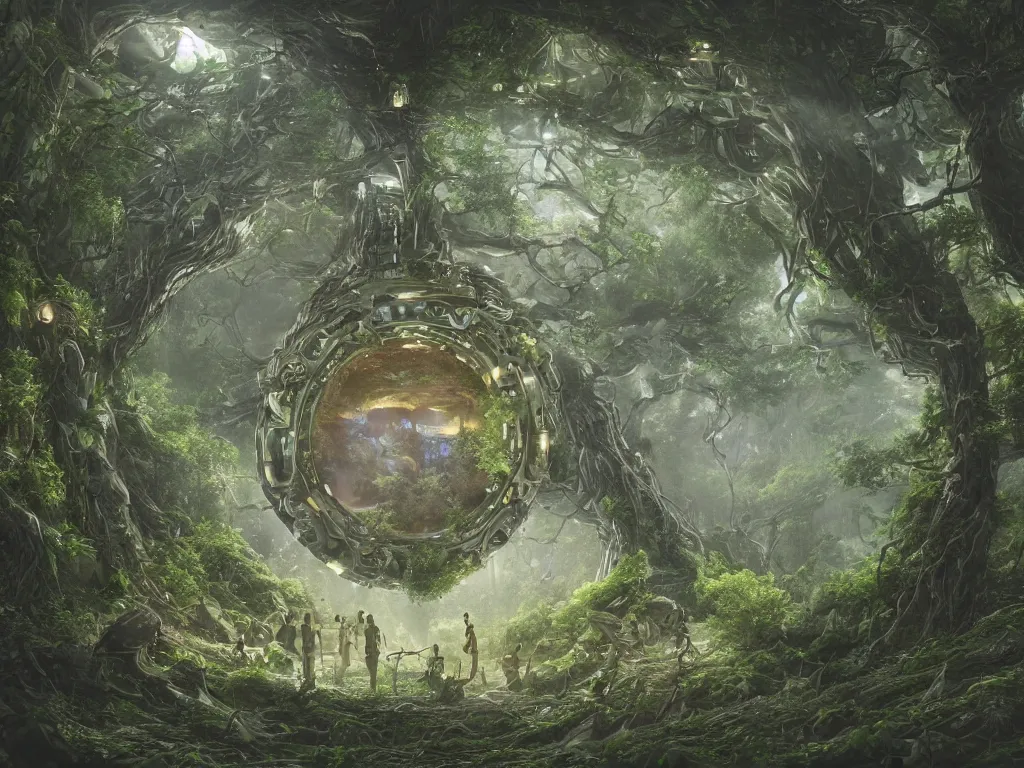 Image similar to an intricate realistic matte painting of an epic battle between a forest and technology at the center is a circular glowing bio-mechanical portal made of trees fighting mechanical and electrical parts